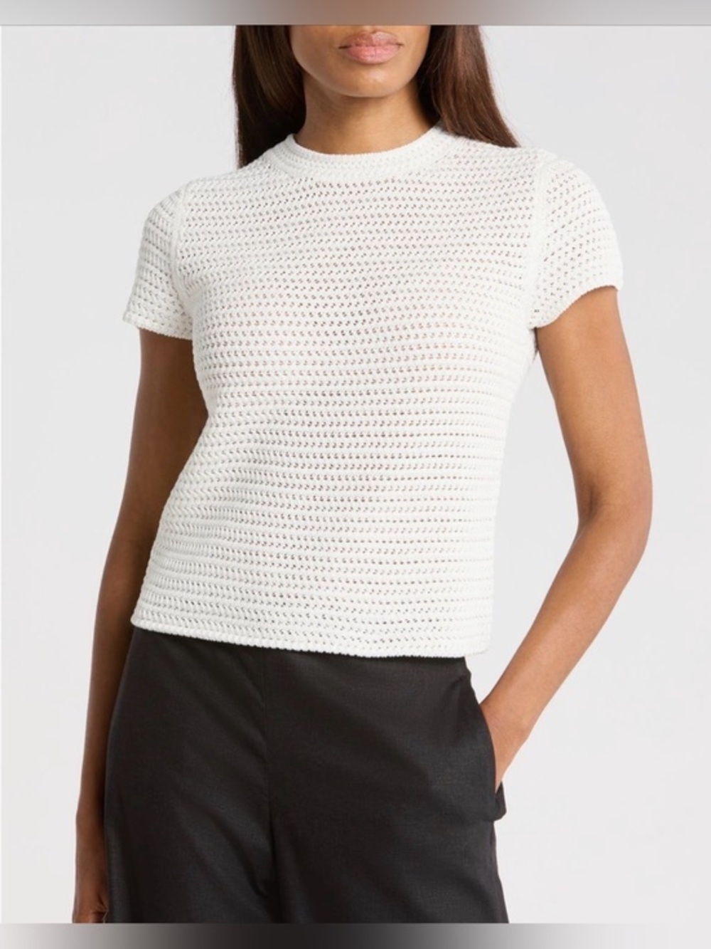 NWT VINCE Crocheted Cotton Short Sleeve Sweater Top – White – L- MSRP $315